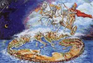 Каждое утро бог Солнца  Гелиос в
 золотой колеснице поднимается из восточного моря и совершает свой путь по небу 
над плоским диском Земли